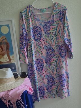 Tropical Pineapple Print Tunic Dress - Pink & Purple& Lime Green